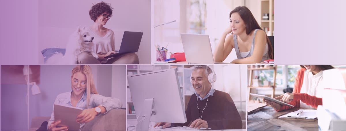 A collage of four diverse individuals working from various locations: a woman with curly hair sitting with a white dog on a sofa, another woman smiling and reading on a tablet, a young woman focused on a laptop, and an older man wearing headphones and laughing at his computer.