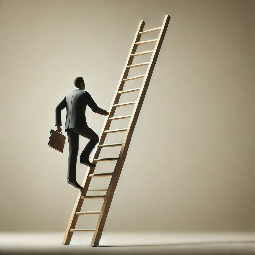 An AI-generated image of a man in a business suit climbing a corporate ladder, representing internal mobility at work.