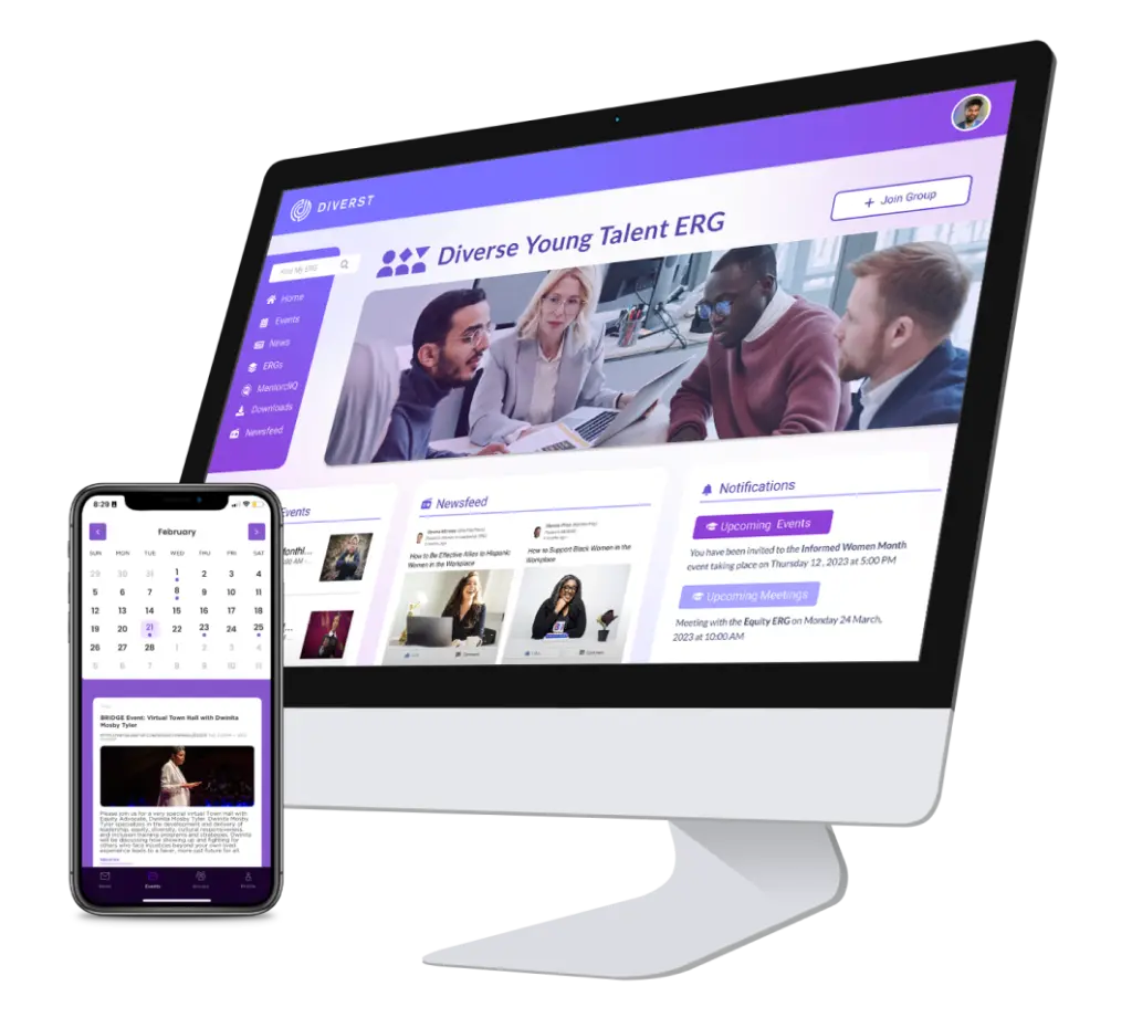 A desktop computer screen and a smartphone display a user interface for a group named "Diverse Young Talent ERG." The desktop UI shows a meeting photo, newsfeed, and notifications. The smartphone screen displays a calendar. Both devices feature a purple-themed layout.