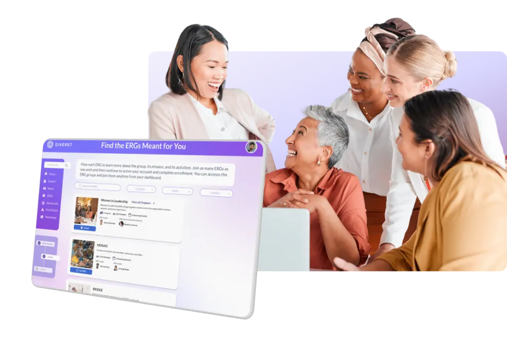 A diverse group of five women are gathered around a table, smiling and engaging in conversation. In the foreground, there's a digital interface displaying an online platform titled "Find the ERGs Meant for You" with various options and visuals.