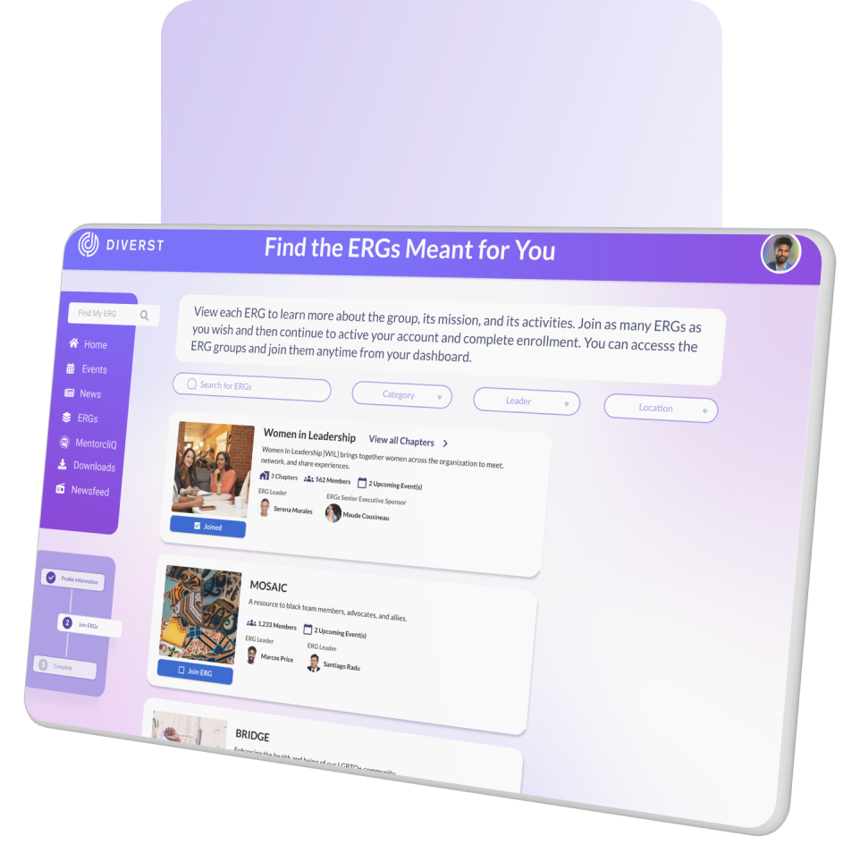 A computer screen displays the "Diverst" platform with a header that reads "Find the ERGs Meant for You." The interface shows options for various Employee Resource Groups (ERGs) including "Women in Leadership," "MOSAIC," and "BRIDGE" with options to view more details.