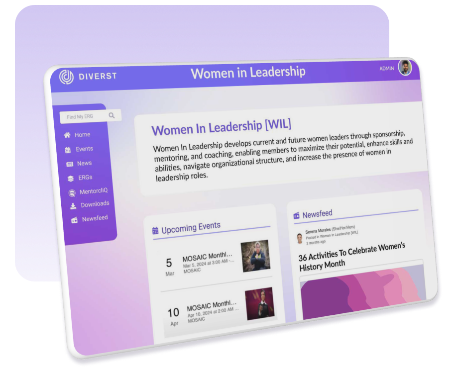 A screenshot of a "Women in Leadership" webpage. The page includes a brief description of the program, a navigation sidebar with options like Home, Events, and ERGs, and sections for upcoming events and newsfeed, featuring events like the MOSAIC Monthly Call.